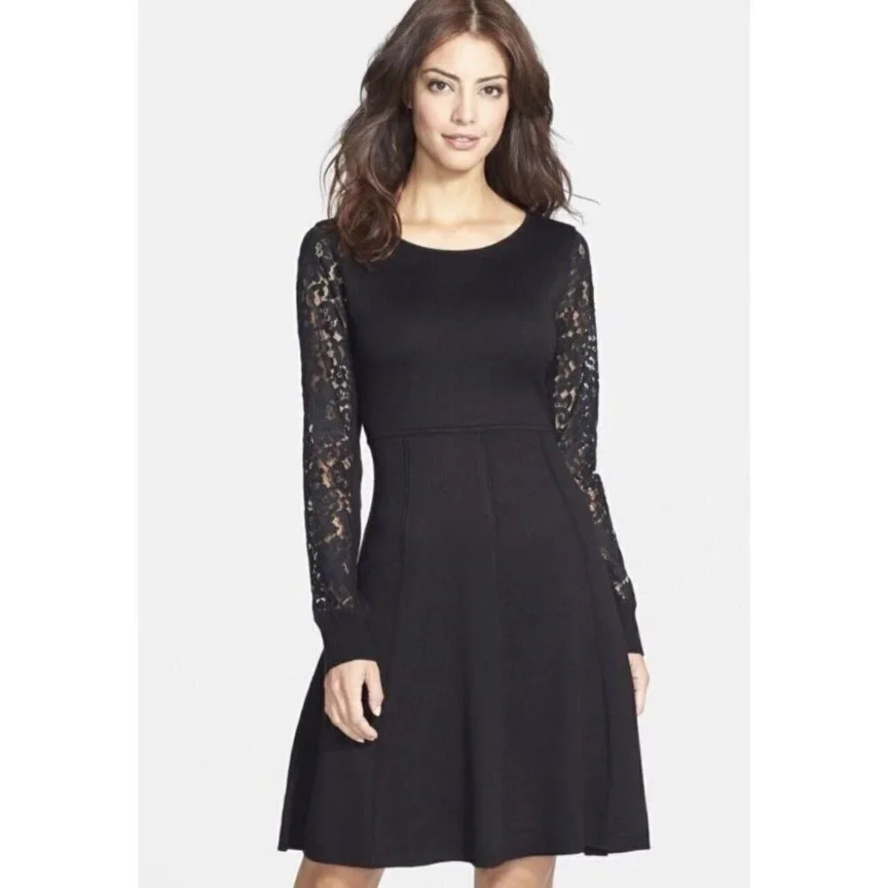 Eliza.J Black Sweater Dress With Lace  Sleeves